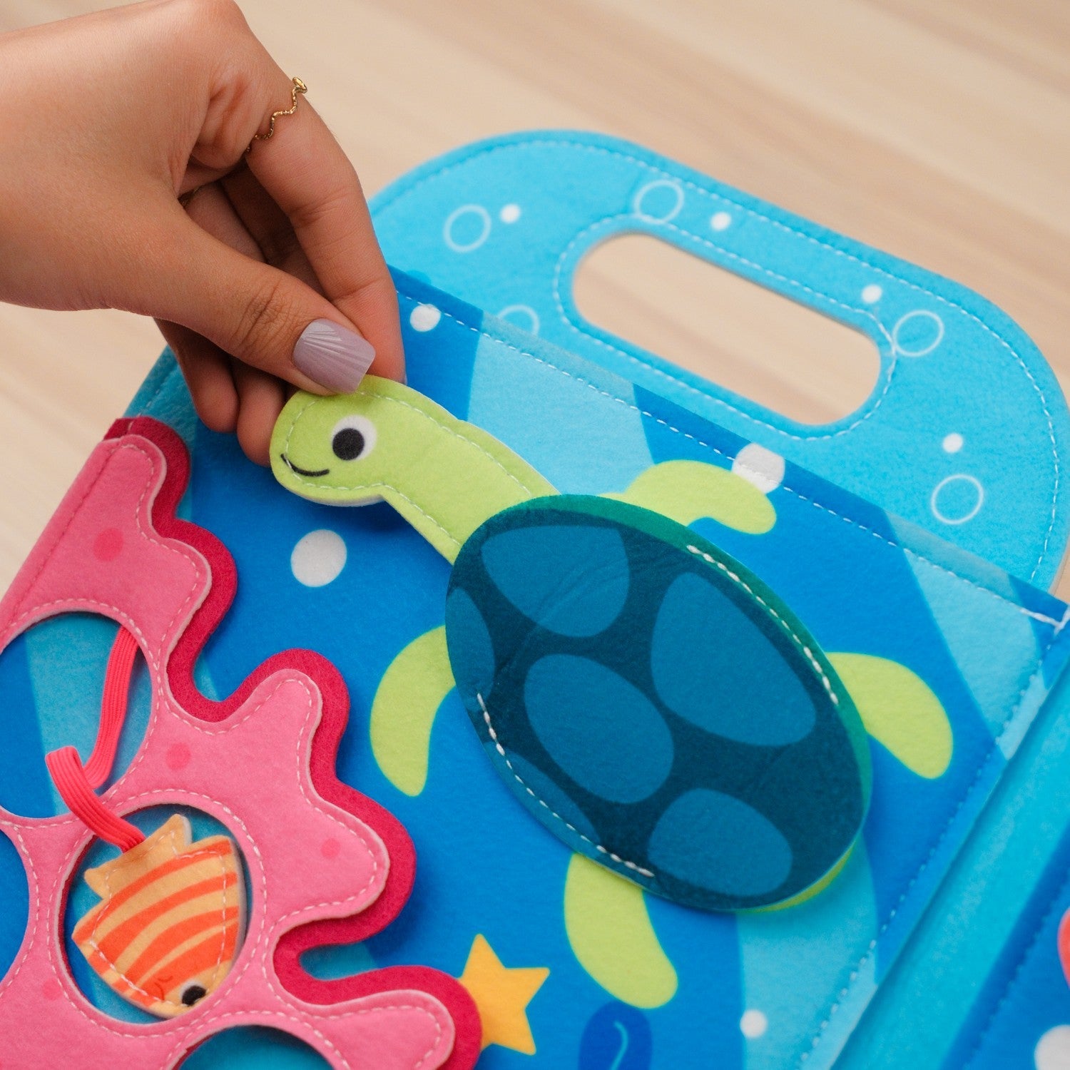 Blue Ocean Quiet Book with Handle — Shark Hideout, Squeaky Crab & Shape Fish Matching