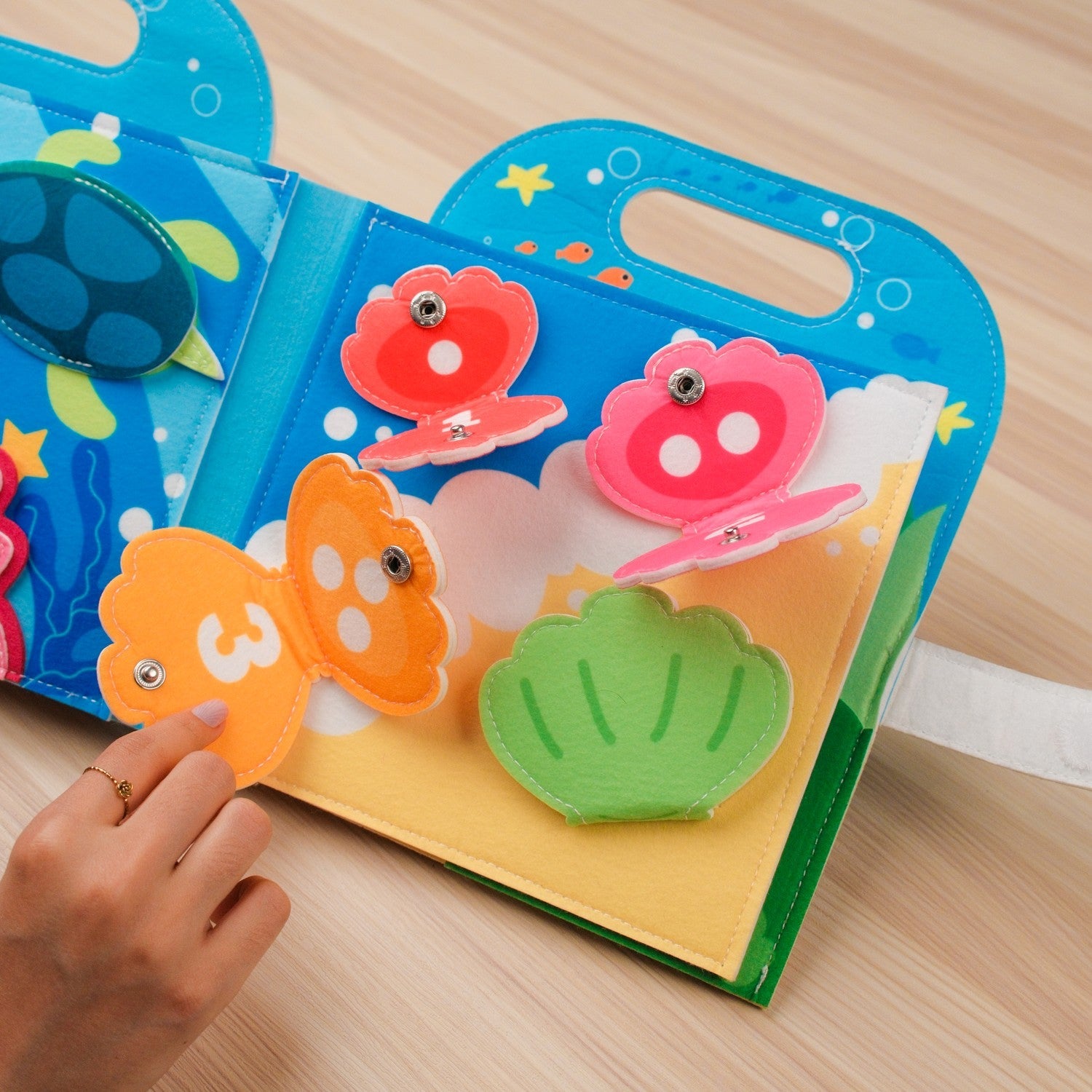 Blue Ocean Quiet Book with Handle — Shark Hideout, Squeaky Crab & Shape Fish Matching