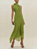 Olive Green Chiffon Halter Neck Tie Knot Keyhole Cutout Asymmetrical Ruffle Midi Dress