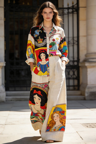 Women's Disney Princess Comic Print 2-Piece Co-Ord Set - Oversized Shirt & Linen Wide Leg Pants for Runway-Inspired Casual Wear