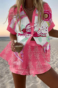 Multicolor printed short-sleeve lapel shirt and shorts two-piece vacation set