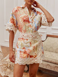 Watercolor Floral Lace Trim Linen Shirt & Mini Skirt Two Piece Matching Skirt Set