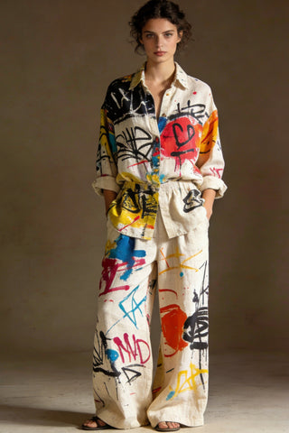 Women's Graffiti Print Linen 2-Piece Co-Ord Set - Oversized Shirt & Wide Leg Pants for Urban Streetwear Casual Wear