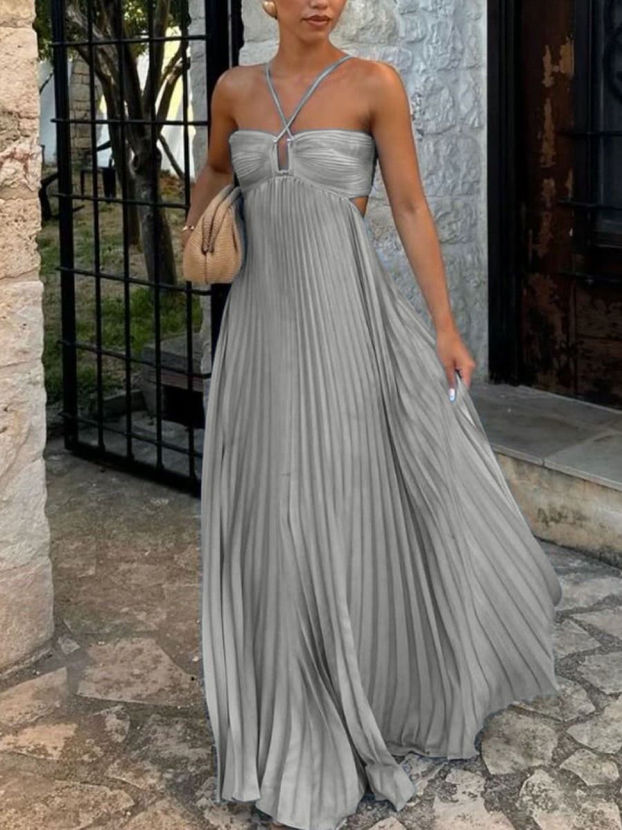 Halter Cross Strap Keyhole Cutout Side Waist Hollow Pleated Chiffon Maxi Dress