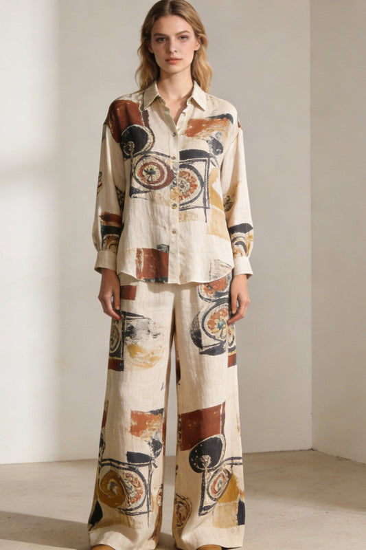 Women's Abstract Art Print Linen 2-Piece Co-Ord Set - Oversized Shirt & Wide Leg Pants for Artistic Casual Wear