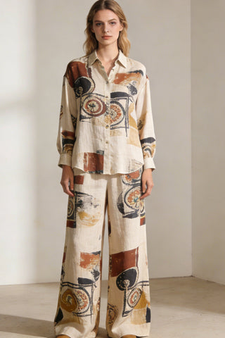 Women's Abstract Art Print Linen 2-Piece Co-Ord Set - Oversized Shirt & Wide Leg Pants for Artistic Casual Wear
