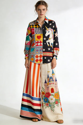 Women's Whimsical Patchwork 2-Piece Co-Ord Set - Unicorn & Castle Print Shirt & Wide Leg Pants for Festival Casual Wear