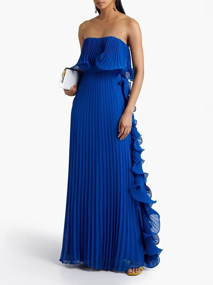Elegant Off Shoulder Free Bust Ruffle Hem Pleated Sheer Chiffon Floor Length Party Dress