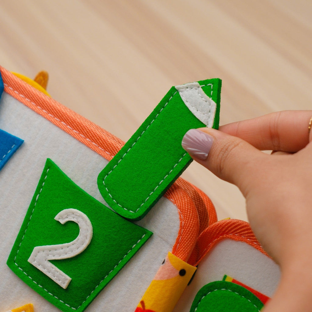 Deer Adventure Quiet Book — Crane & Blocks, Lacing Barn & Colour Pencil Matching