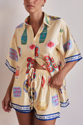 Linen-blend two-piece set with collared shirt and elastic-waist shorts for vacation