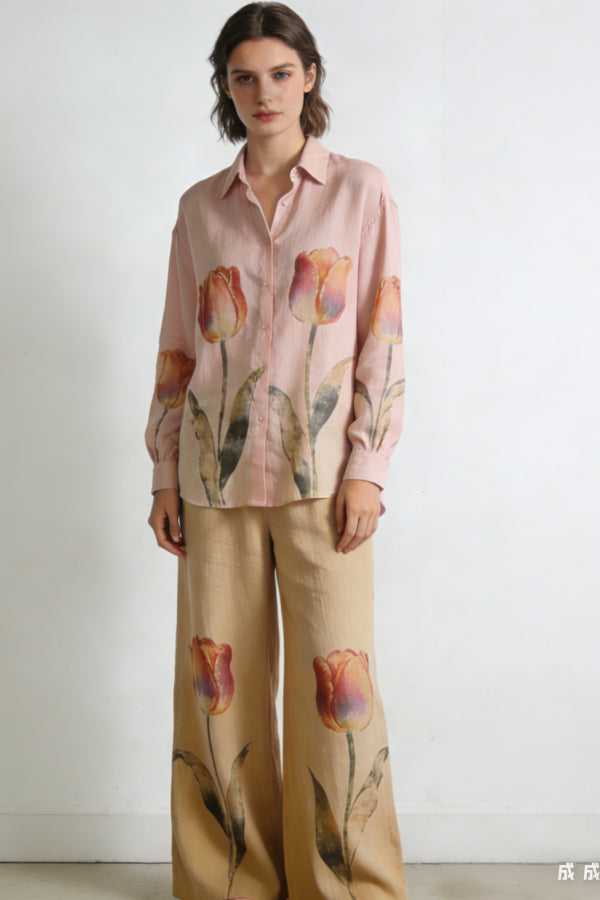 Women's Tulip Print Linen 2-Piece Co-Ord Set - Pink Oversized Shirt & Beige Wide Leg Pants for Spring Casual Wear