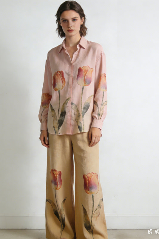 Women's Tulip Print Linen 2-Piece Co-Ord Set - Pink Oversized Shirt & Beige Wide Leg Pants for Spring Casual Wear