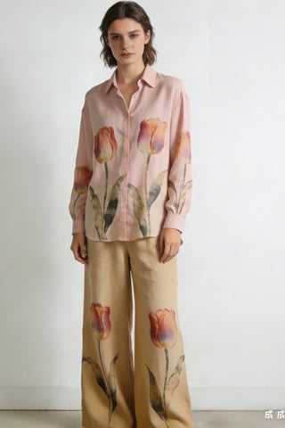 Women's Tulip Print Linen 2-Piece Co-Ord Set - Pink Oversized Shirt & Beige Wide Leg Pants for Spring Casual Wear