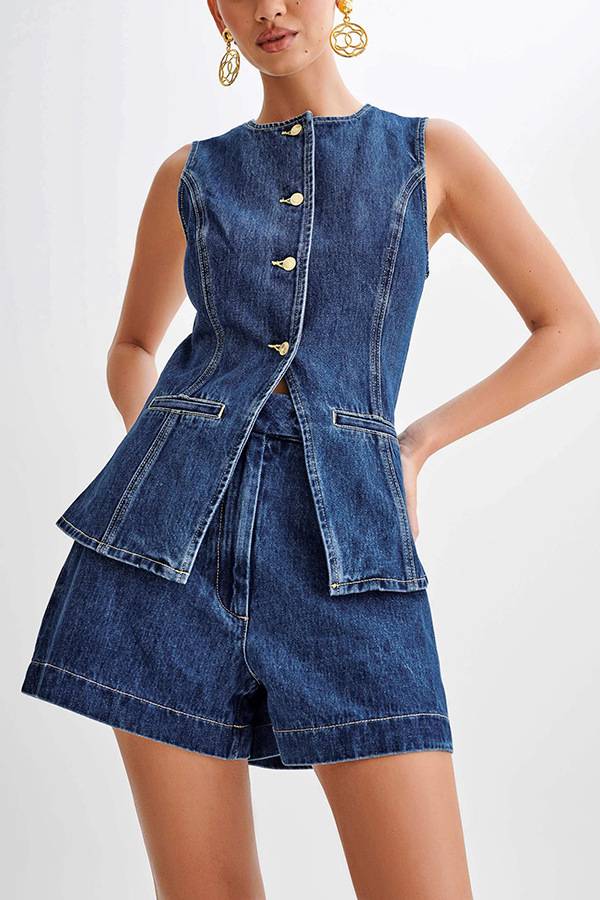 Fashion and casual sleeveless high waisted denim shorts set Main image