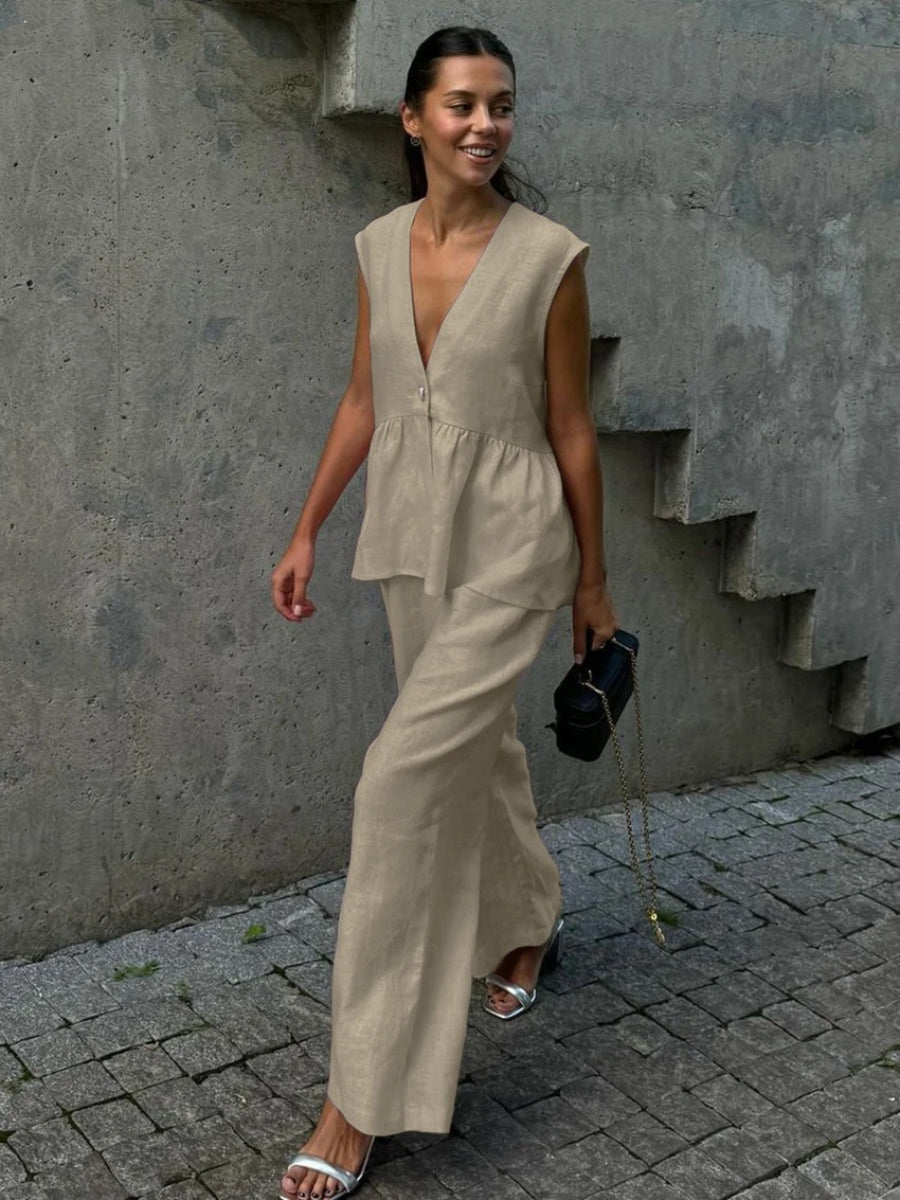 Linen Sleeveless V Neck Peplum Top Wide Leg Pants Two Piece Matching Pants Set