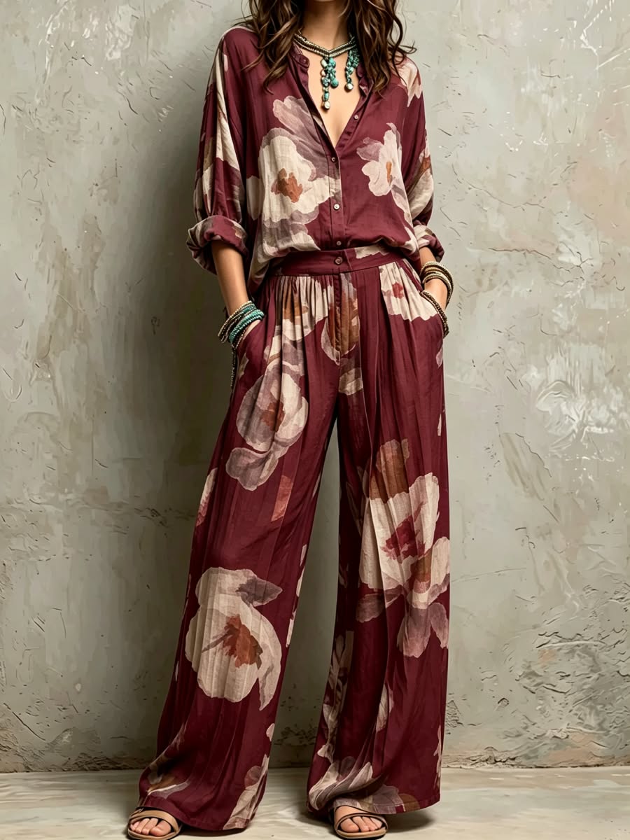 Burgundy Muted Floral Watercolor Boho Two Piece Set