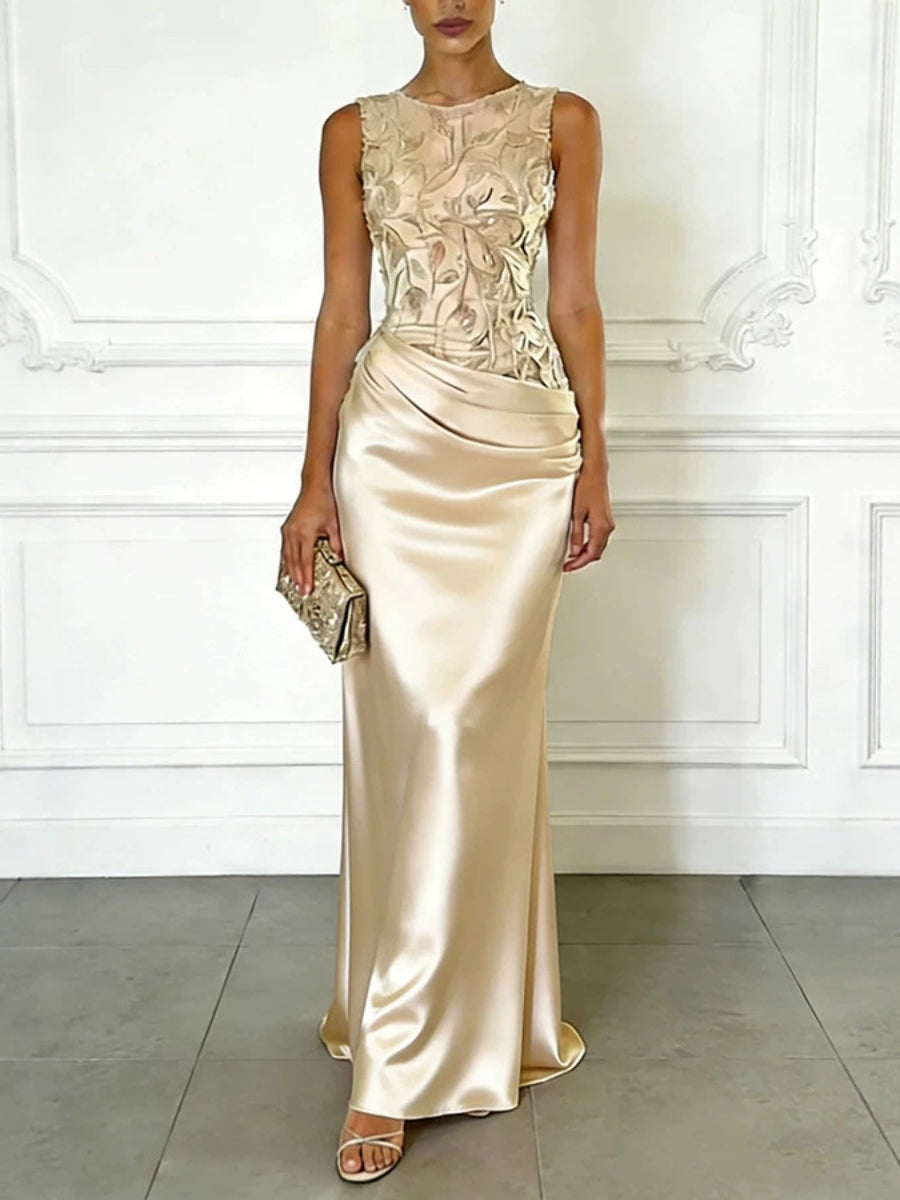 Sleeveless 3D Embossed Floral Lace Bodice Draped Ruched Satin Mermaid Maxi Dress