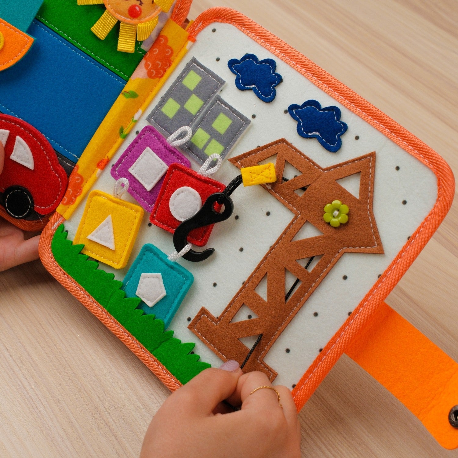 Deer Adventure Quiet Book — Crane & Blocks, Lacing Barn & Colour Pencil Matching