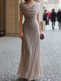 Chiffon Draped Cowl Neck Sleeveless Ruched Side Flowy Floor Length Maxi Evening Gown