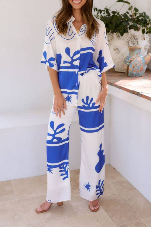 Blue Sleeveless V-Neck Wide-Leg Pants Set
