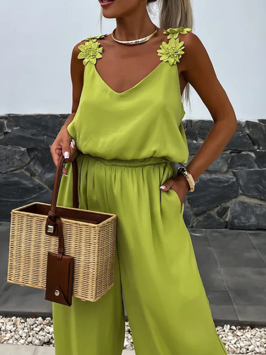 Solid Color Embroidered Flower Suspenders Casual Loose Jumpsuit