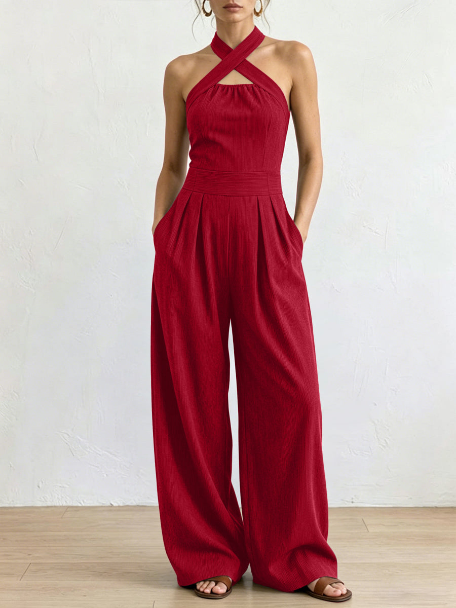 Vertical Ribbed Crisscross Halter Cutout Wide Leg Jumpsuit Main image