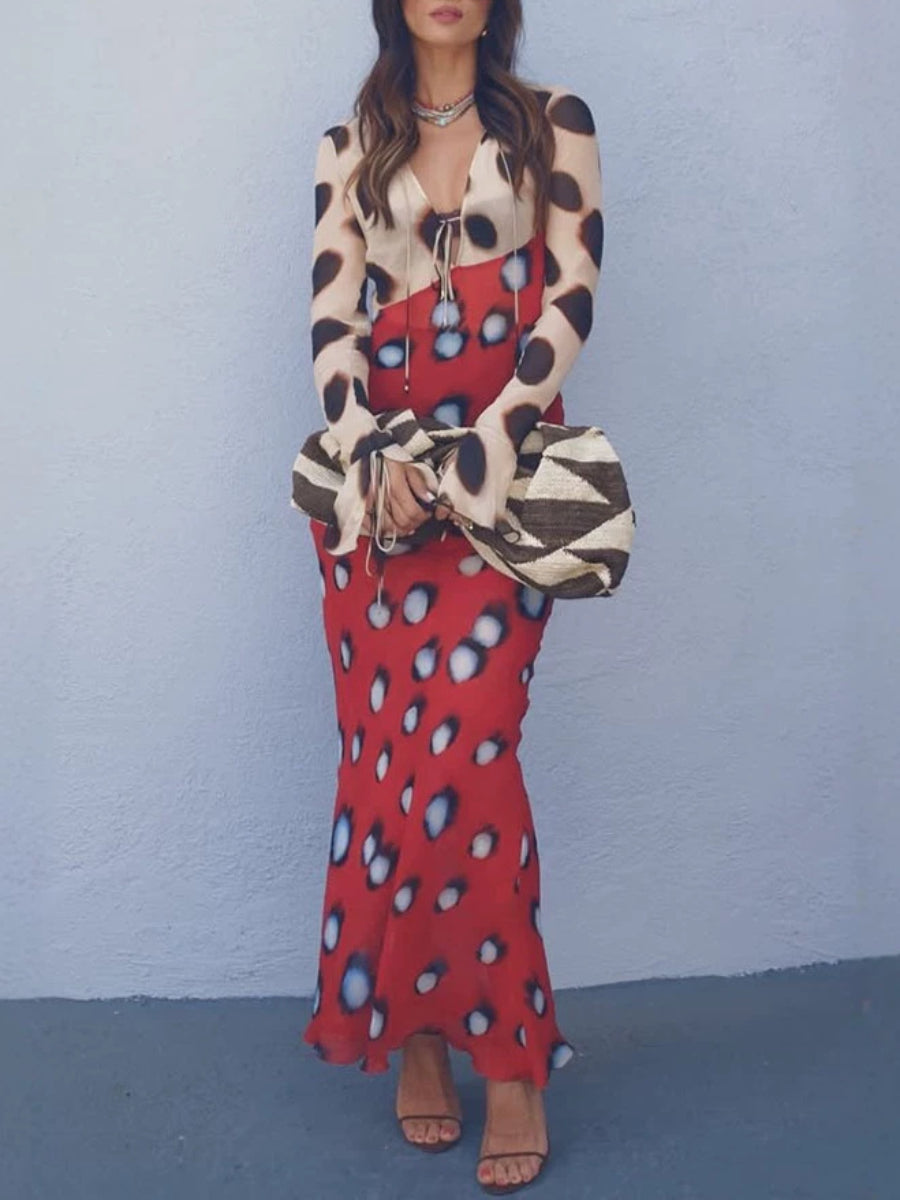 Two-Tone Gradient Dot Print Deep V Tie Front Flare Long Sleeve Mermaid Maxi Dress