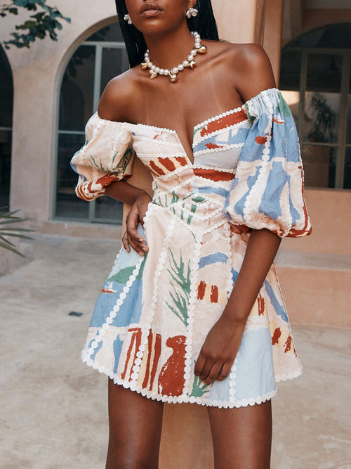 Colorful Scenic Print Off Shoulder A Line Mini Dress for Beach Holiday