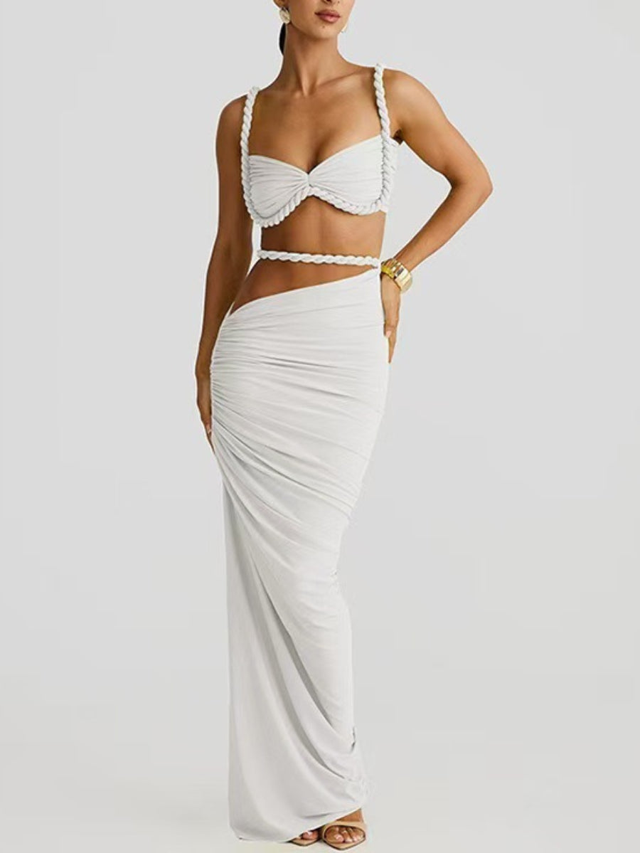 Women Braided Edge Spaghetti Strap Bustier Hollow Waist Bodycon Long Skirt Co Ord