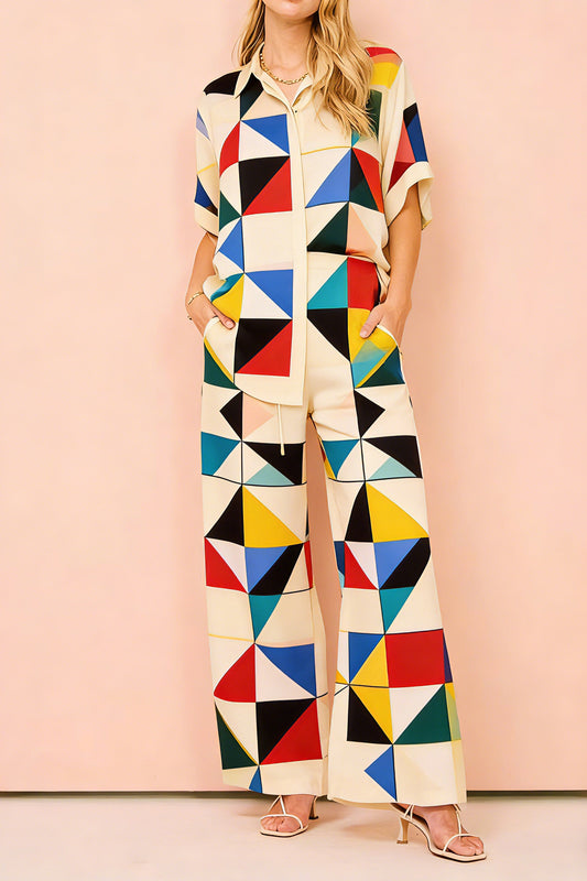 Women's Colorful Geometric Triangle Patchwork 2-Piece Co-Ord Set - Short Sleeve Shirt & Wide Leg Pants for Artistic Casual Cocktail Wear
