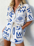 White Base Blue Hand Drawn Abstract Print Shirt Short Two Piece Matching Co-ord Set