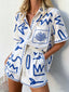 White Base Blue Hand Drawn Abstract Print Shirt Short Two Piece Matching Co-ord Set