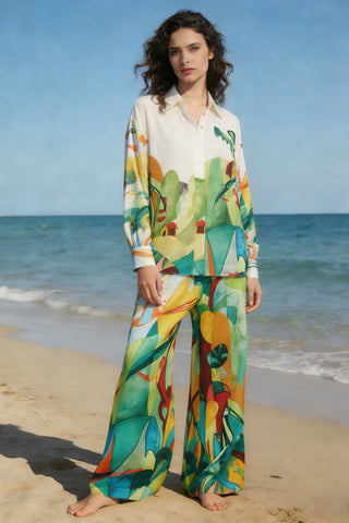 Women's Abstract Botanical Print 2-Piece Co-Ord Set - Oversized Shirt & Wide Leg Pants for Summer Beach Vacation