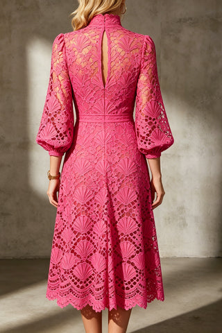 Lace High Neck Balloon Sleeve Midi Dress with Scalloped Hem