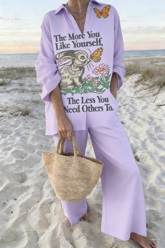 Women's Lavender Bunny & Butterfly Quote Graphic 2-Piece Co-Ord Set - Oversized Shirt & Wide Leg Pants for Summer Casual Beach Vacation