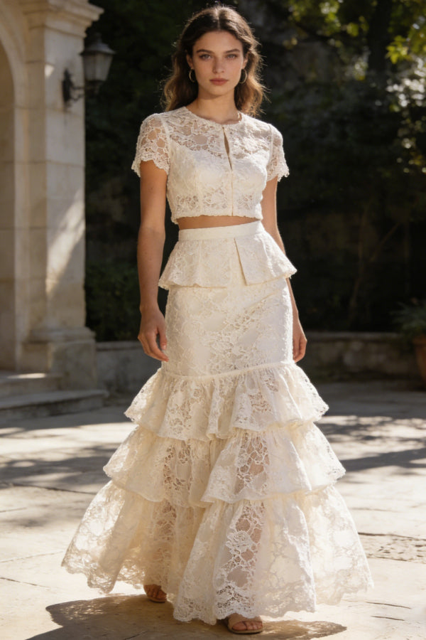 Women's Ivory Lace Two-Piece Maxi Dress - Short Sleeve Cropped Top & Tiered Ruffled Skirt for Bridal Event Formal Occasion