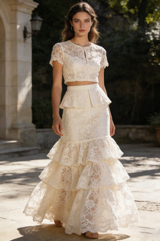 Women's Ivory Lace Two-Piece Maxi Dress - Short Sleeve Cropped Top & Tiered Ruffled Skirt for Bridal Event Formal Occasion