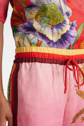 Women's Red Ombre Floral Print Linen 2-Piece Co-Ord Set - Short Sleeve Shirt & Wide Leg Pants for Summer Resort Wear