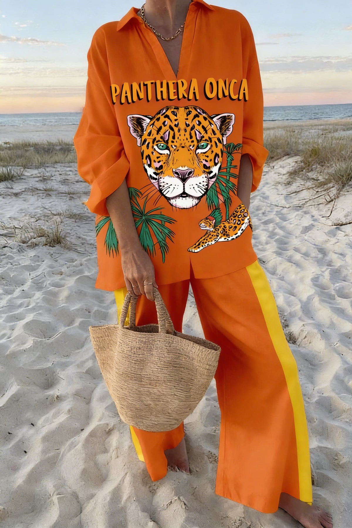 Women's Orange Panthera Onca Jaguar Print 2-Piece Co-Ord Set - Oversized Shirt & Wide Leg Pants for Summer Beach Vacation