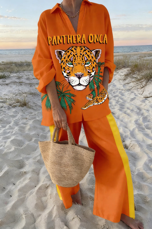Women's Orange Panthera Onca Jaguar Print 2-Piece Co-Ord Set - Oversized Shirt & Wide Leg Pants for Summer Beach Vacation
