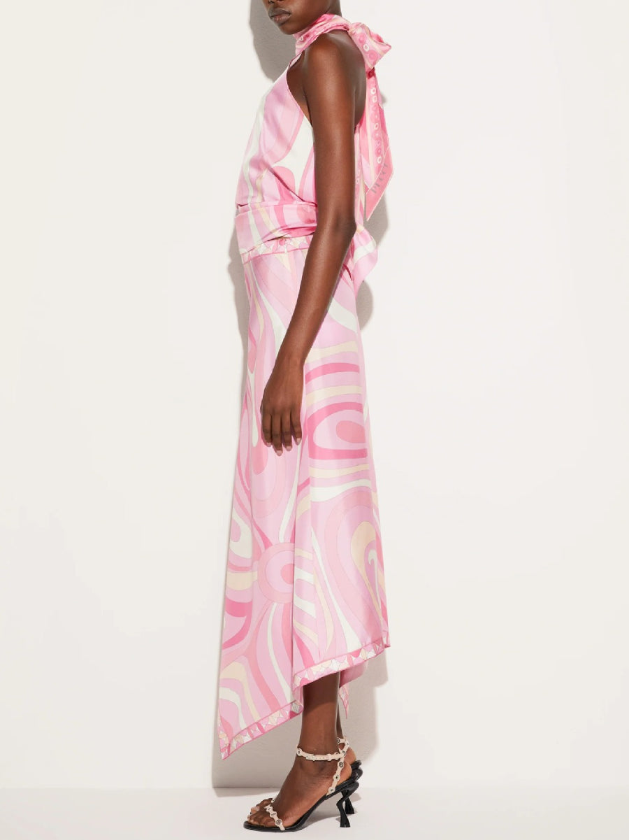 Pink Swirl Marble Print Halter Neck Satin Two Piece Set Asymmetrical Split Hanky Hem Midi Skirt Co Ord