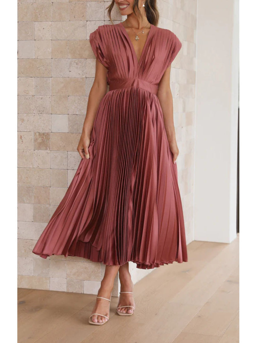 Minimalist Solid Champagne Pleated Satin Deep V Neck Flowy Midi Dress