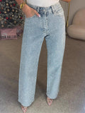 All Over Rhinestone High Waist Wide Leg Denim Jeans