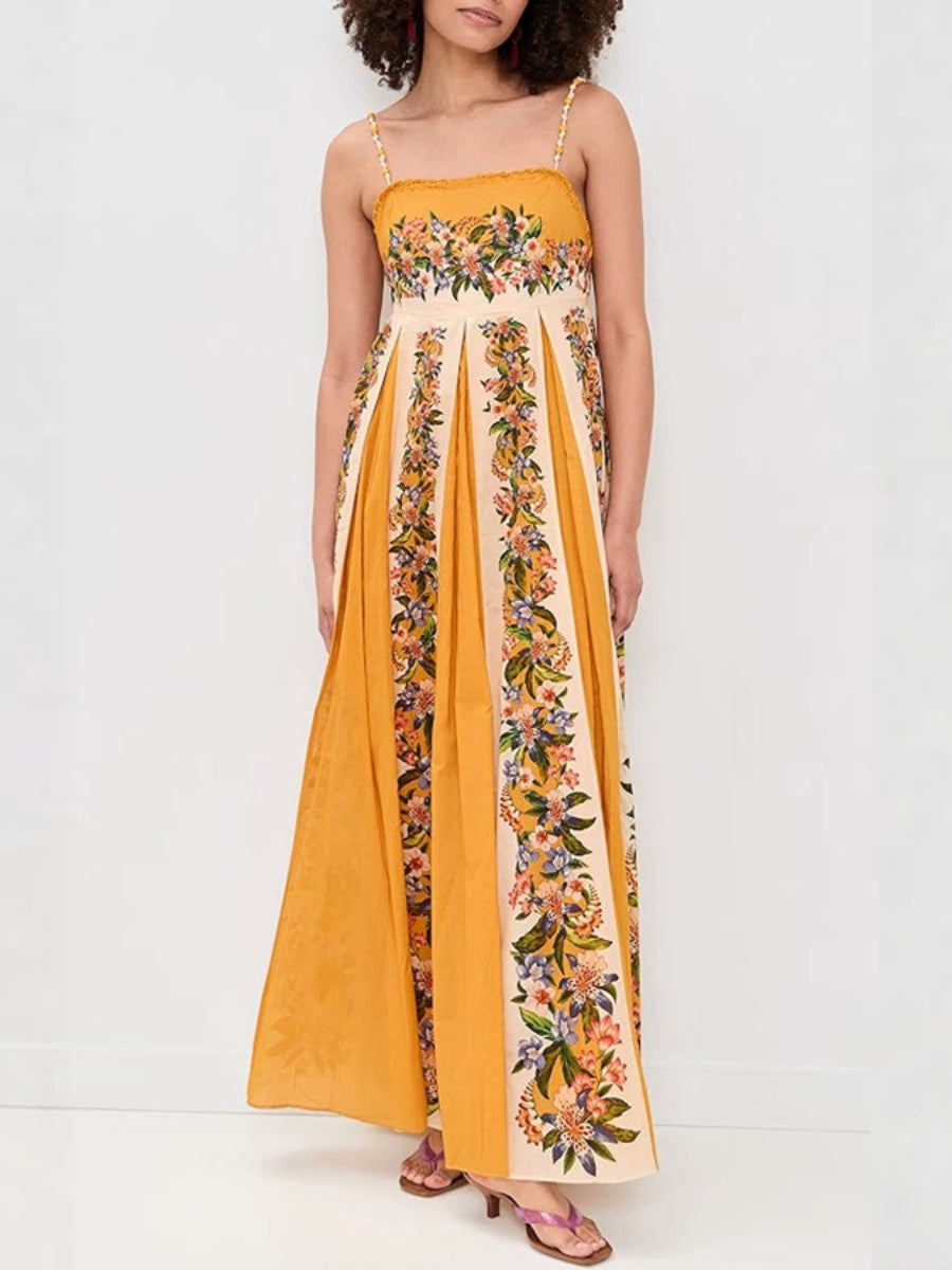 Vintage Floral Print Beaded Spaghetti Strap Empire Pleated Maxi Dress