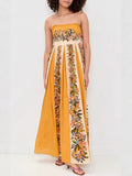 Vintage Floral Print Beaded Spaghetti Strap Empire Pleated Maxi Dress