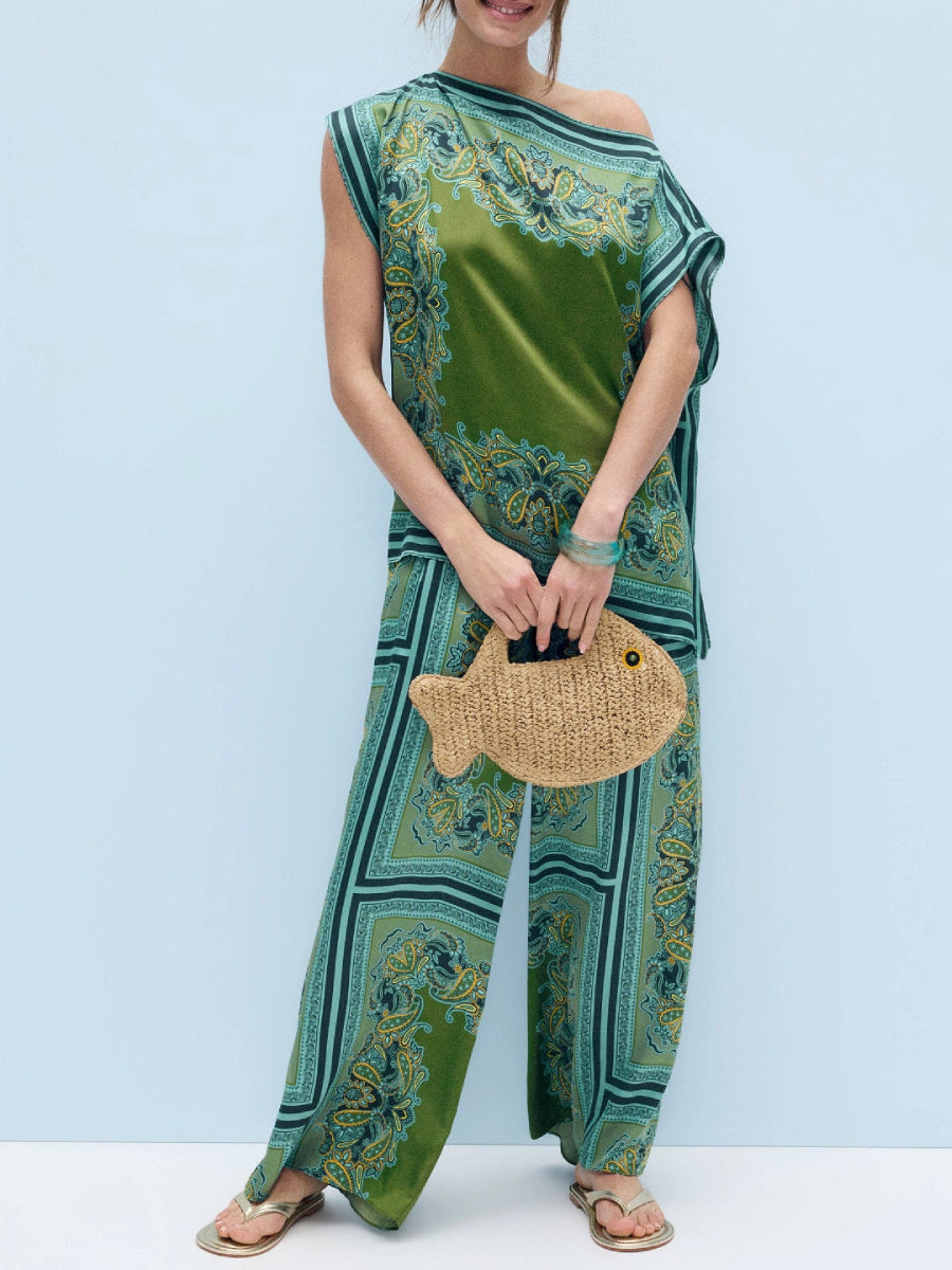 Green Border Paisley Print Asymmetrical One Shoulder Satin Top Wide Leg Pants Two Piece Co-ord Pants Set