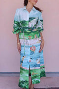 Multicolor linen-blend long-sleeve V-neck maxi dress with a relaxed ankle-length fit for vacation