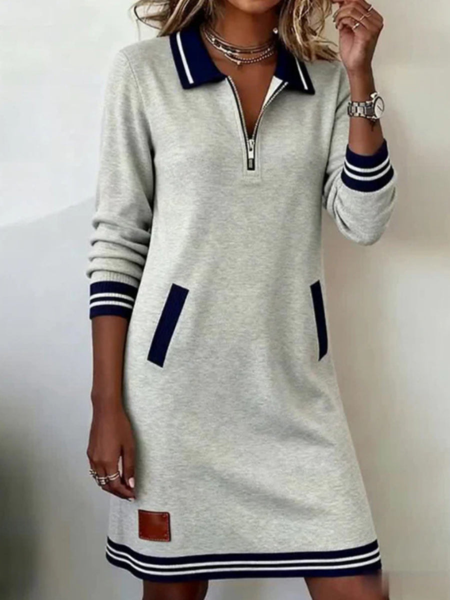 Daily Casual Essential Heather Grey Varsity Striped Half Zip Polo Sweatshirt Mini Dress Main image