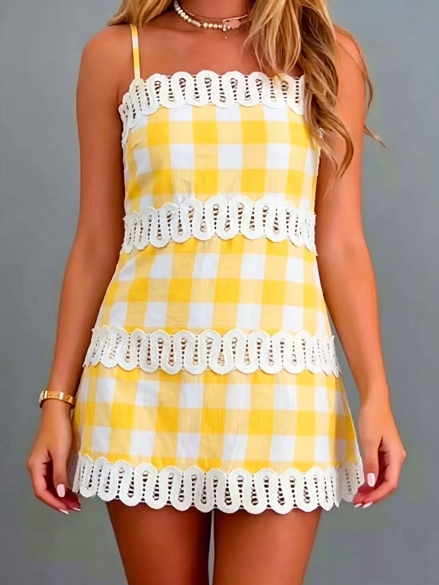 Women Square Neck Multi Layer Hollow Out Crochet Lace Trim A Line Short Vacation Dress