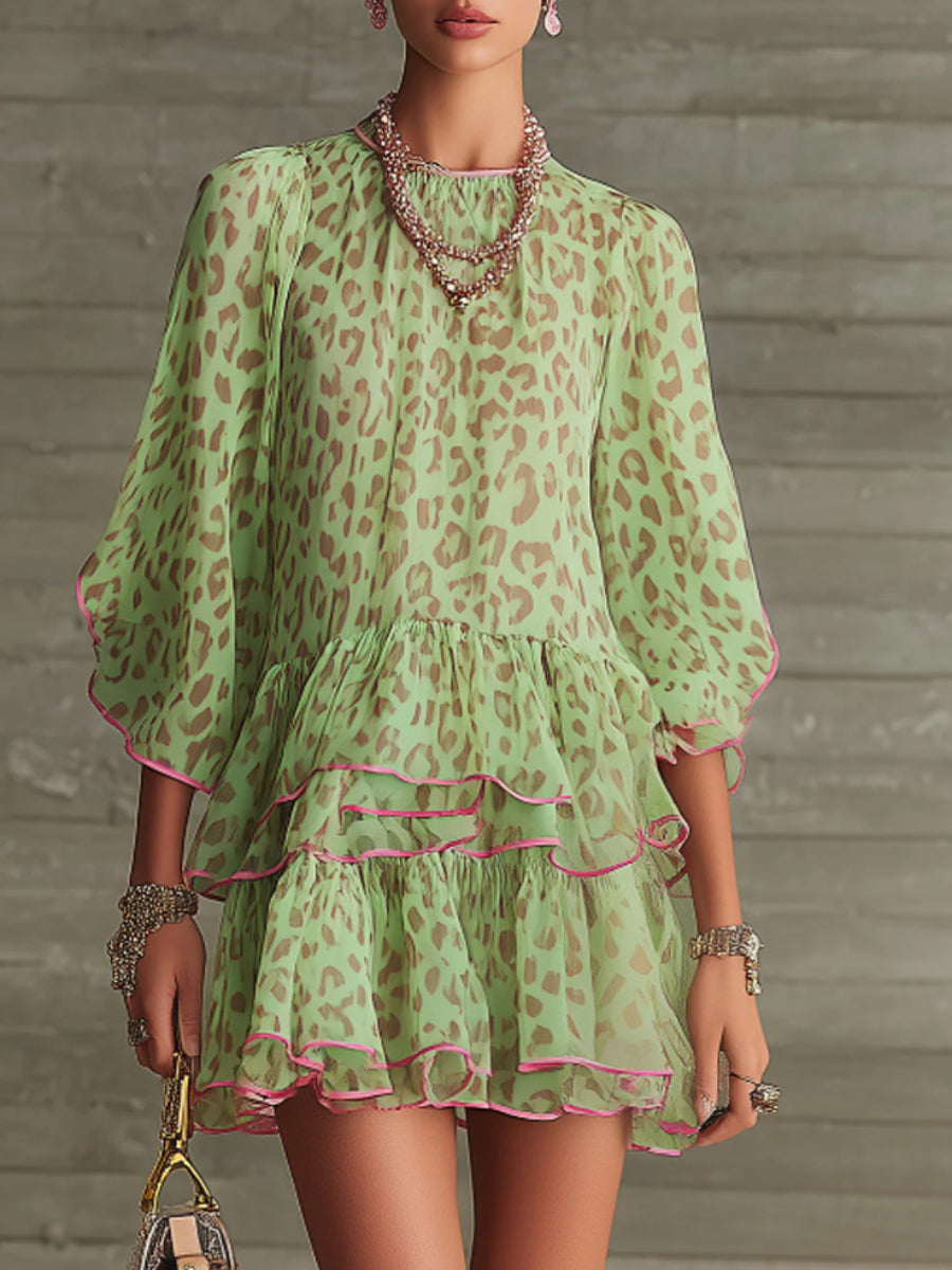 Mint Green Leopard Print Pink Contrast Binding 3/4 Puff Sleeve Tiered Ruffle Chiffon Mini Dress